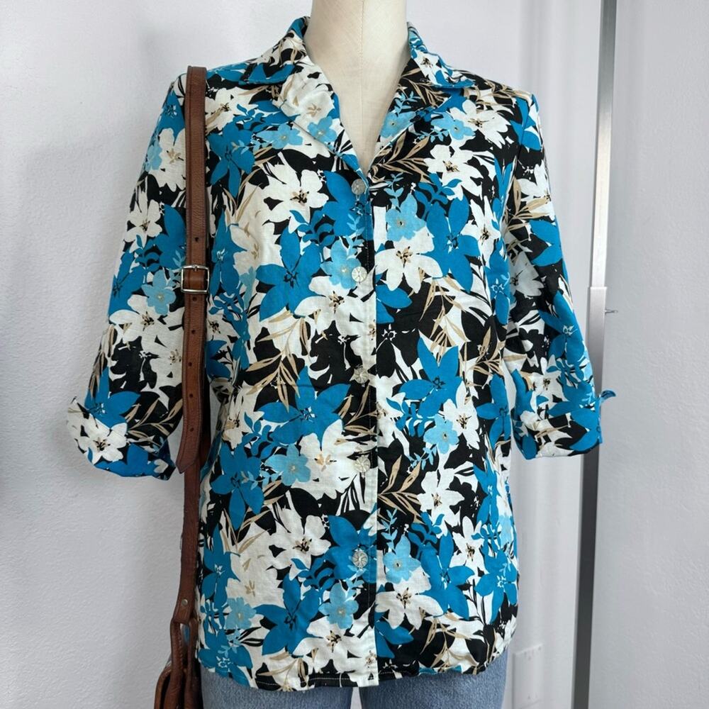 Linen Blend Floral Button Up Shirt Size Medium Resort Top Jaclyn Smith Blue - Picture 5 of 8